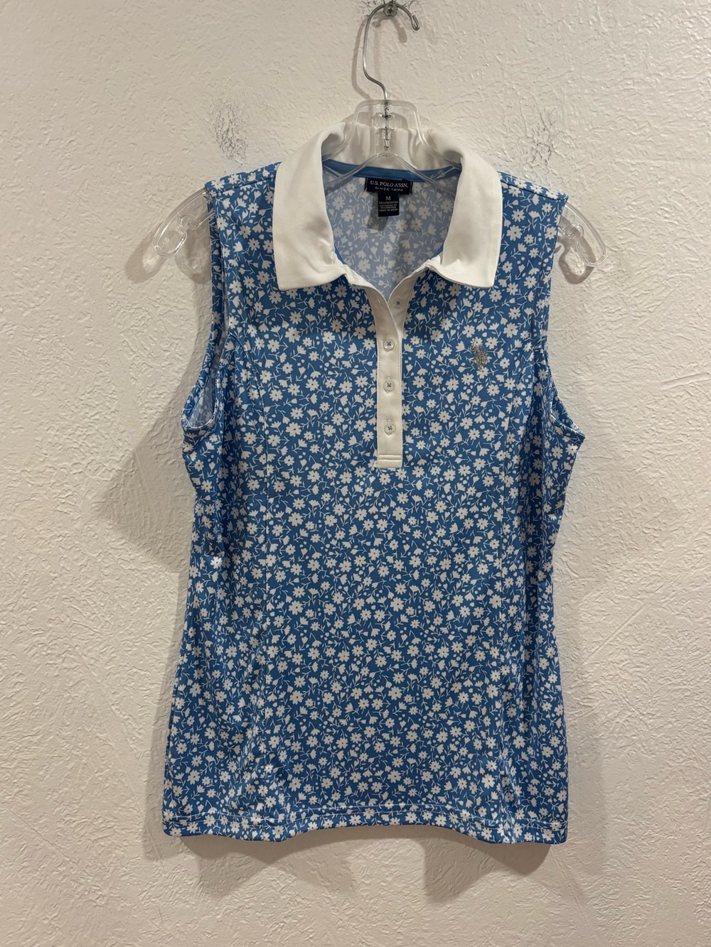 US Polo Assn Blue Floral Sleeveless Polo Shirt